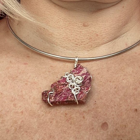 Pink Jasper Chunk Wire Wrapped Pendant Handcrafted - Picture 2 of 4